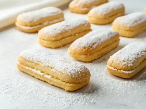 Douceur poudrée de sucre glace sur des biscuits cuillères dorés, prêts à être dégustés.