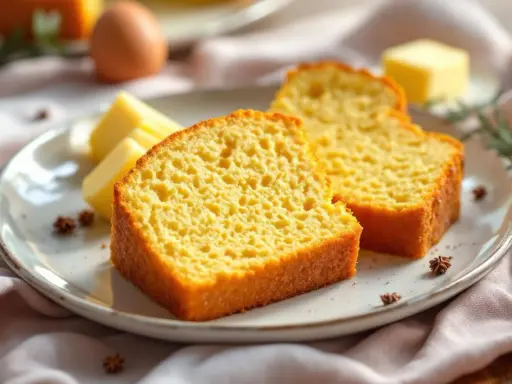 Deux tranches de gâteau quatre quart moelleux sur une assiette, accompagnées de bâtonnets de beurre et d'une pincée d'épices.