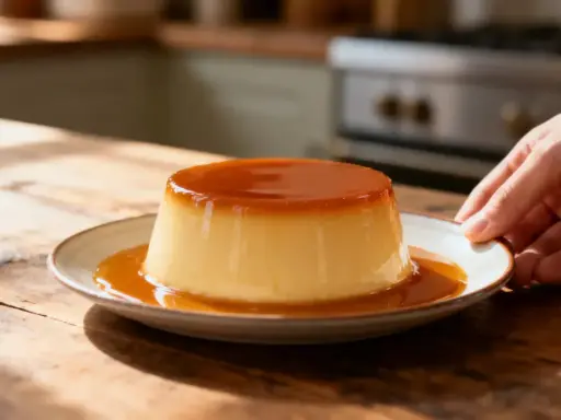 Un délicieux crème caramel, nappé de son coulis ambré, est servi sur une assiette. Une main s'approche pour le saisir.