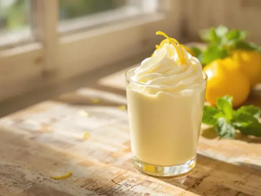 Délicieuse mousse au citron, légère et aérienne, garnie de zestes jaunes vifs. Des citrons et de la menthe fraîche en arrière-plan.