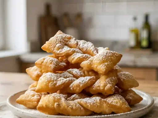 Pile de bugnes dorées saupoudrées de sucre glace, prêtes à être dégustées. Une recette de bugnes qui met l'eau à la bouche.
