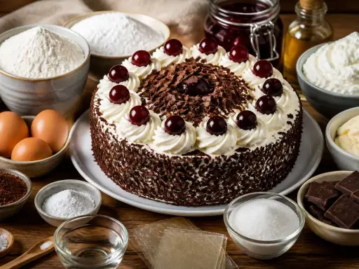 Gâteau Forêt Noire, prêt à être dégusté, entouré des ingrédients pour une recette forêt noire professionnelle : farine, œufs, chocolat, cerises, crème.
