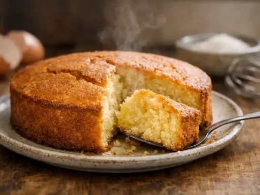 Un délicieux gâteau fait maison, probablement avec 4 œufs, dégage de la vapeur. Une part est coupée et prête à être dégustée.