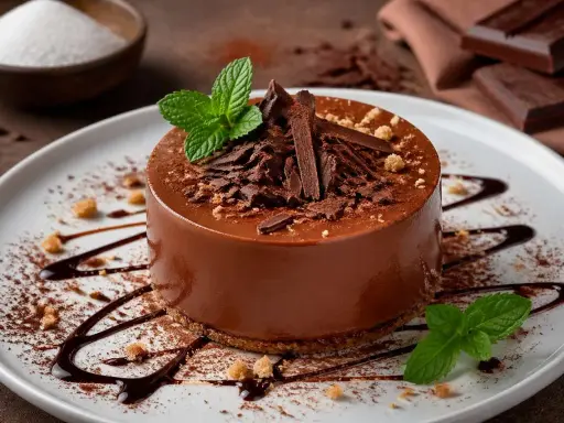 Un délicieux gâteau au chocolat, garni de copeaux de chocolat et de menthe fraîche. Le fond de gateau est parfait pour une dégustation gourmande.