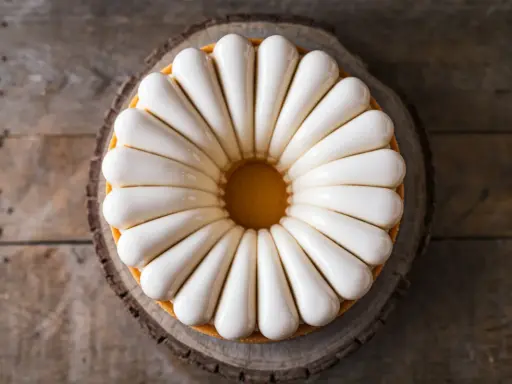 Un magnifique fondant pâtissier maison, orné de glaçage blanc nacré, sur un socle en bois rustique.