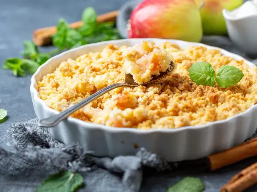 Un délicieux crumble aux pommes à l'ancienne, garni de feuilles de menthe fraîche, avec des pommes et des bâtons de cannelle en arrière-plan.