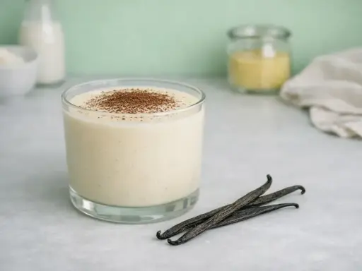 Un verre de crémeux vanille Michalak, saupoudré de cacao, avec des gousses de vanille.