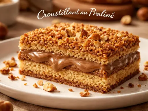 Gâteau moelleux garni d'une crème onctueuse et recouvert d'un **croustillant praliné** aux noisettes.
