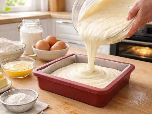 Verser une pâte onctueuse, un fondant blanc, dans un moule à gâteau. Ingrédients de pâtisserie disposés autour.