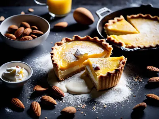 Tartes au citron et amandes, garnies de sucre glace. Le temps de cuisson pâte sablée à blanc est parfait pour cette texture dorée.