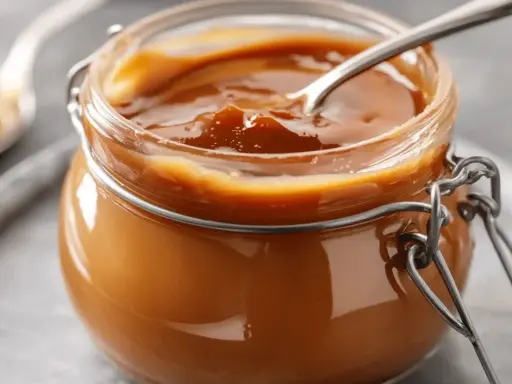 Un pot de caramel beurre salé avec une cuillère. Ce délice onctueux, fait avec du beurre doux, invite à la gourmandise.