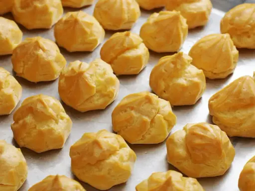 Une fournée de choux à la crème dorés, prêts pour la cuisson. Ils attendent patiemment d'être transformés en délices.
