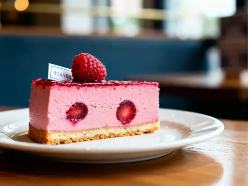 Délicieux entremet framboise, garni d'une framboise fraîche et de morceaux de fruits rouges, sur une base croustillante.