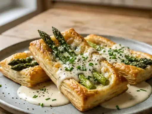Trois feuilletés aux asperges, dorés et garnis de fromage fondant, de ciboulette et de sauce crémeuse, sur une assiette grise.