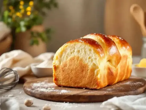 Pain brioché doré, résultat d'une fabrication de levure de boulanger réussie. Farine, fouet et beurre à proximité.