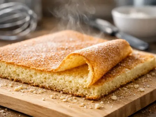 Biscuit Joconde moelleux, saupoudré de sucre glace. Parfait pour une recette biscuit Joconde facile et rapide.