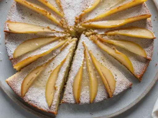 Gâteau au yaourt recette illustrée : un délicieux gâteau aux poires, saupoudré de sucre glace, prêt à être dégusté.
