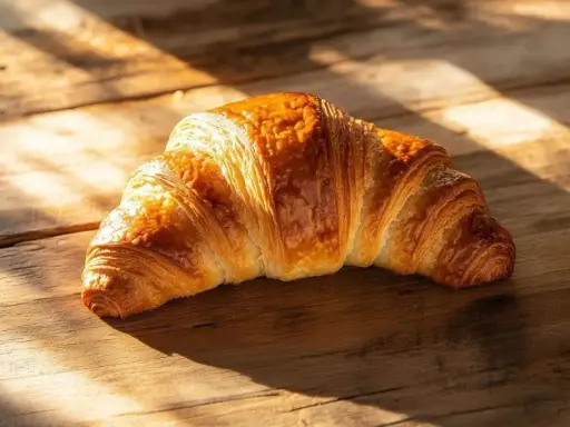 Un délicieux croissant maison, doré et feuilleté, repose sur une table en bois baignée de soleil.