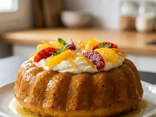 Savoureux savarin recette, garni de crème fouettée et d'agrumes frais. Un délice visuel et gustatif.