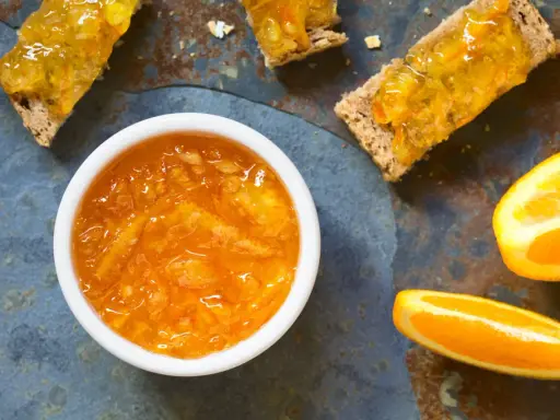 Confiture d'écorce d'orange brillante dans un bol blanc, servie sur des toasts avec des tranches d'orange fraîche.