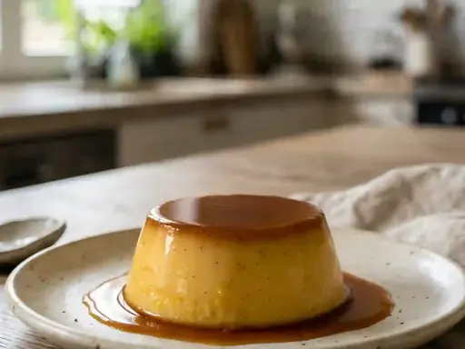Un délicieux flan aux œufs, nappé de caramel, repose sur une assiette en céramique. Un petit ramequin vide est à côté.