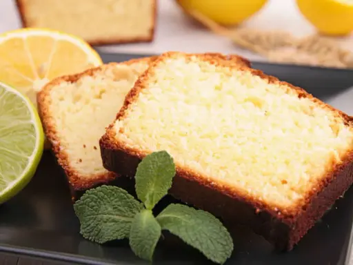 Tranches de cake au citron facile, garnies de menthe fraîche, avec des citrons et citrons verts en arrière-plan.