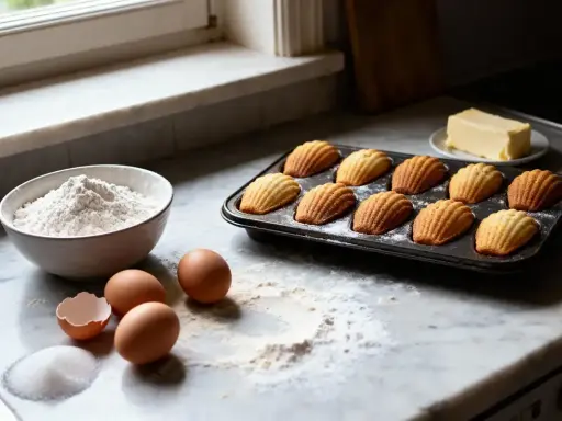 Plateau de biscuits madeleines dorées, prêts pour un entremet. Ingrédients à proximité : farine, œufs, sucre, beurre.