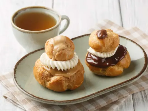 Deux religieuses au café, garnies de crème et nappées de chocolat ou de caramel, accompagnées d'une tasse de thé.