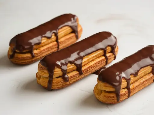 Trois éclairs au chocolat, parfaits pour une recette opera. La ganache dégouline sur la pâte à choux dorée.