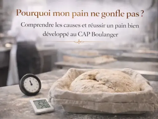 Pâte à pain dans un banneton, thermomètre et minuteur. Le texte interroge : pourquoi mon pain ne gonfle pas ?