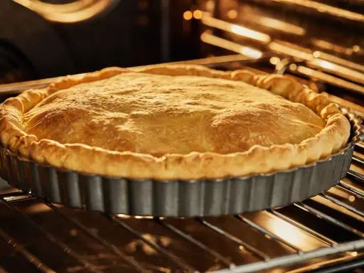 Tarte en cuisson à blanc dans son moule. La pâte brisée est dorée et gonflée, prête à être garnie.