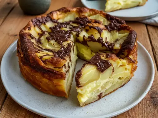 Un clafoutis aux pommes et chocolat, une recette clafoutis moelleux qui invite à la gourmandise. Une part est déjà servie.