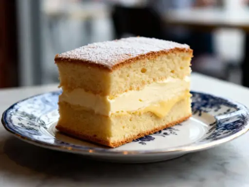 Tranche de gâteau moelleux, garnie d'une généreuse crème pâtissière et saupoudrée de sucre glace. Un délice !