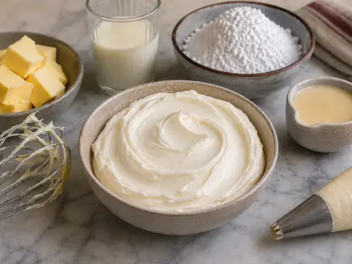 Préparation d'une crème au beurre traditionnelle : beurre, sucre glace, lait, et une poche à douille prête à l'emploi.