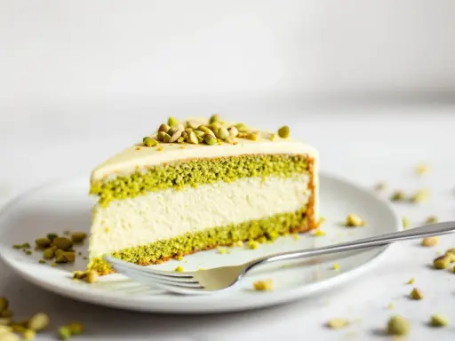 Tranche de gâteau végétalien à la pistache, garnie de pistaches concassées. Une délicieuse pâtisserie vegan.