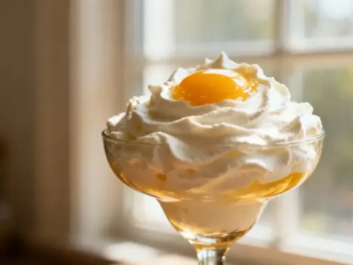 Un dessert aérien dans un verre, couronné d'une généreuse crème fouettée épaisse et d'une touche de jaune d'œuf.