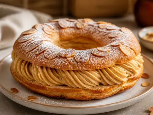 Un Paris-Brest, rond et généreux, garni de crème pralinée, saupoudré de sucre glace et d'amandes effilées. Une invitation à la gourmandise.