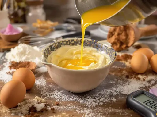 Préparation d'une pâte à bombe : du beurre fondu est versé dans un bol de crème, entouré d'œufs, de farine et de cacao.