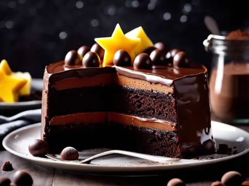 Un gâteau au chocolat moelleux et facile, avec des couches de ganache et décoré de boules de chocolat et d'étoiles jaunes.