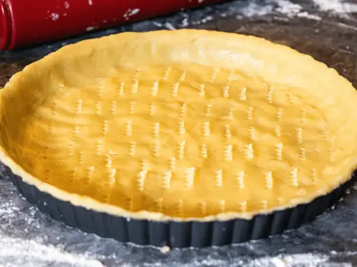 Un fond de tarte amande prêt à être garni, avec un rouleau à pâtisserie rouge et un œuf à proximité.