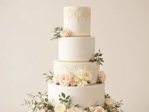 Magnifique gâteau de mariage à quatre étages, décoré de roses pâles, de feuillage et de dentelle dorée. Une inspiration pour toute recette de wedding cake.