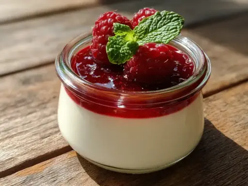 Panna cotta crémeuse dans un pot en verre, garnie de framboises fraîches, de coulis de fruits rouges et d'une feuille de menthe.