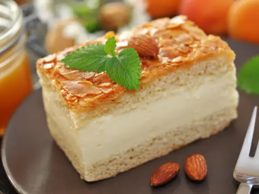 Gâteau nid d'abeille, une part crémeuse garnie d'amandes effilées et d'une touche de menthe. Parfait pour une recette gourmande.