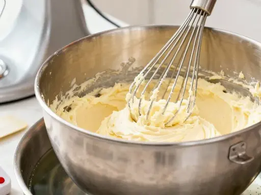 Un batteur électrique fouette une crème au beurre onctueuse dans un bol en acier inoxydable au-dessus d'un bain-marie.