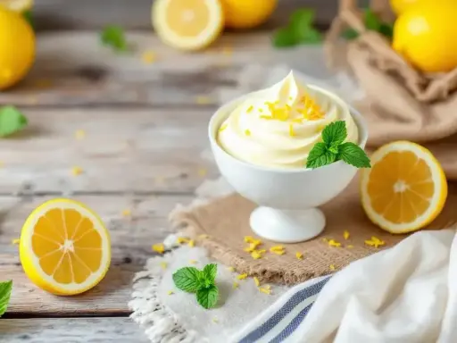 Délicieuse recette mousse au citron sans mascarpone, garnie de zestes et de menthe fraîche, sur fond de bois rustique.