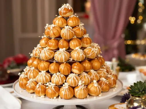Magnifique pièce montée de choux glacés au caramel, décorés de fils blancs et de petites perles. Un délice visuel et gustatif !