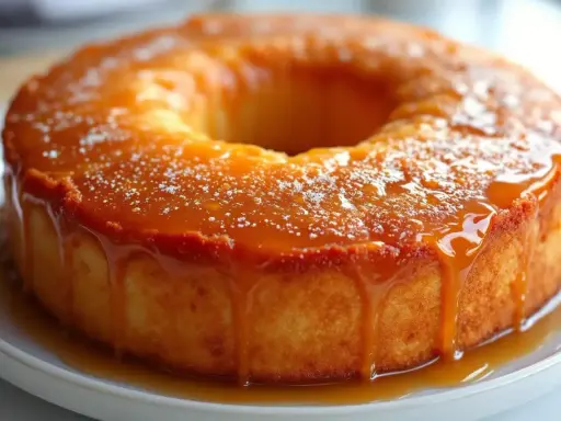 Gâteau rond nappé d'un sirop à 30, dégoulinant sur les côtés. Une touche de sucre glace ajoute une finition délicate.