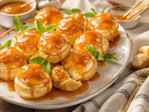 Douceurs aériennes garnies de crème et nappées d'un généreux caramel pour choux, décorées de feuilles de menthe.