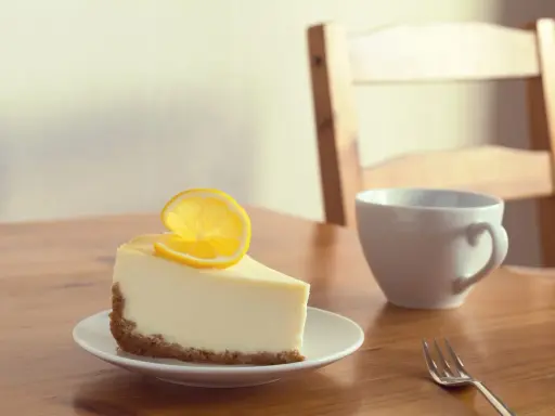 Une part de le meilleur cheesecake au citron, garnie d'une tranche de citron, sur une assiette blanche, à côté d'une tasse et d'une fourchette sur une table en bois.