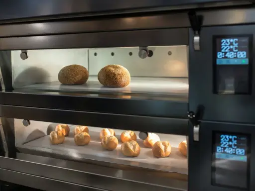 Deux étages de pains dorés dans un four professionnel. La fonction étuve four assure une cuisson parfaite.